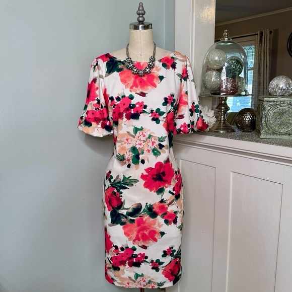 Eliza J Pink Floral Scuba Sheath Dress with Puffy Sleeves Size 6 - Picture 2 of 9